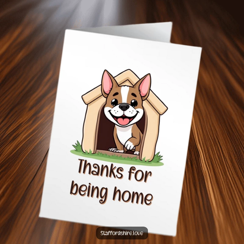 Funny Free Printable Thank You Card: Excited Staffordshire dog popping out of doghouse, showing sincere appreciation.