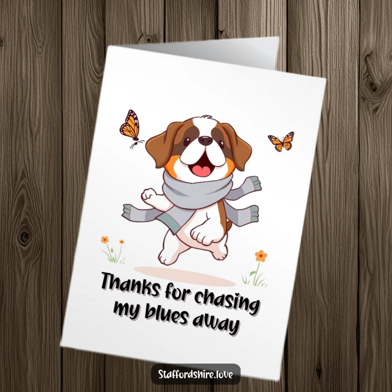 Funny Free Printable Thank You Card: A Saint Bernard wearing a scarf humorously pursues a delicate butterfly in a whimsical scene.