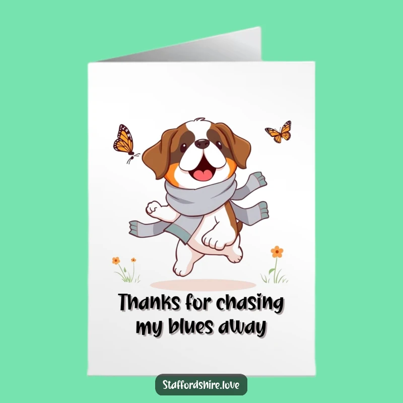 Free Printable Thank You Card: Saint Bernard Butterfly Chase Funny Downloadable Gift