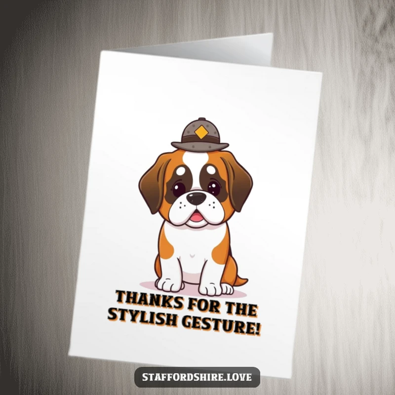 Funny Free Printable Thank You Card: A sweet kawaii Saint Bernard trying to balance a small hat, offering thanks.