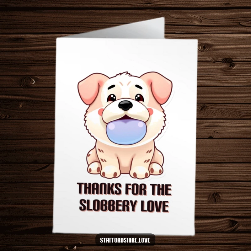 Funny Free Printable Thank You Card: Kawaii Staffordshire offers a slobbery toy with great enthusiasm as a thank you.