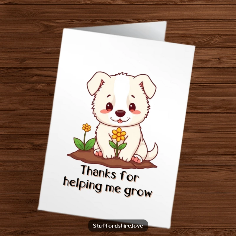 Free Printable Thank You Card: Soft Staffordshire planting a tiny colorful flower, a symbol of growing thanks.