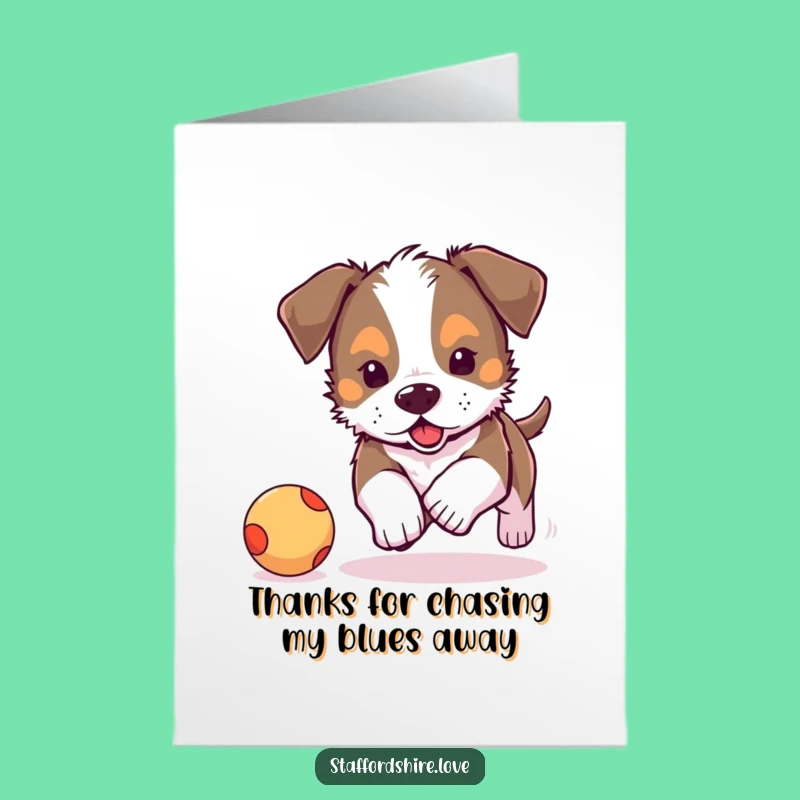 Free Printable Thank You Card: Staffy Puppy Ball Chase, Playful Downloadable Gift
