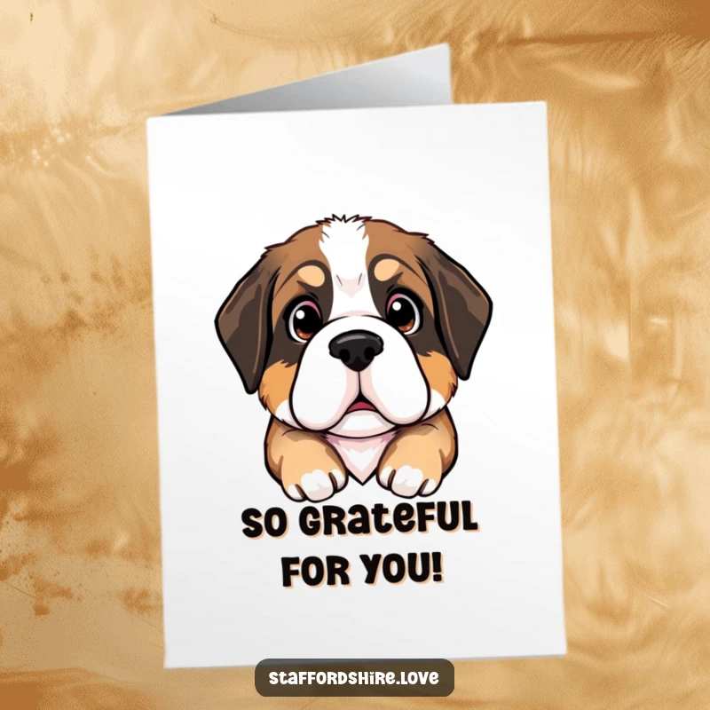 Funny Free Printable Thank You Card: Saint Bernard puppy with big, pleading eyes, asking for a big thank you.