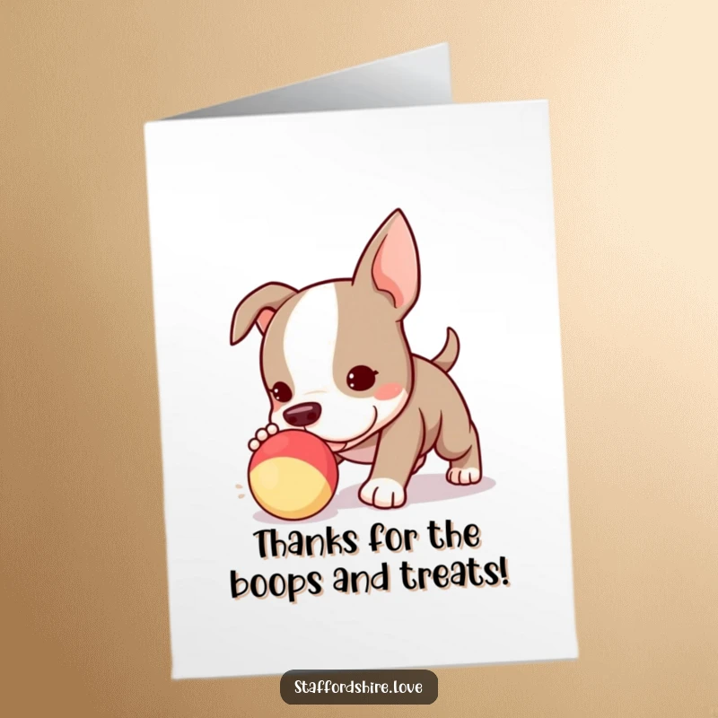 Funny Free Printable Thank You Card: A charming Kawaii Staffy puppy gleefully chasing a squeaky toy, a sweet thank you gesture.