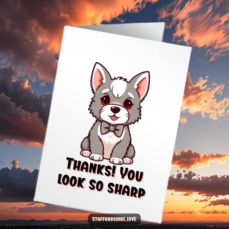 Funny Free Printable Thank You card featuring a kawaii Staffordshire with a small bowtie, sitting proudly, offering gratitude with sophisticated flair.