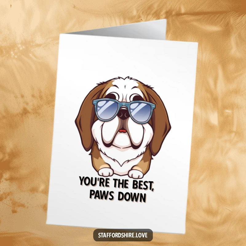 Funny Free Printable Thank You Card: Saint Bernard puppy adorably attempts to wear sunglasses far too small for its face.