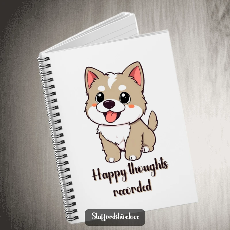 Funny kawaii Staffordshire puppy with a wagging tail, panting happily on a notebook, for humorously jotting down happy thoughts.