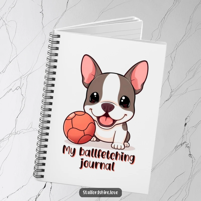 Funny Kawaii Staffordshire Bull Terrier notebook, enthusiastically holding a slobbery ball, ready for notes and ideas.