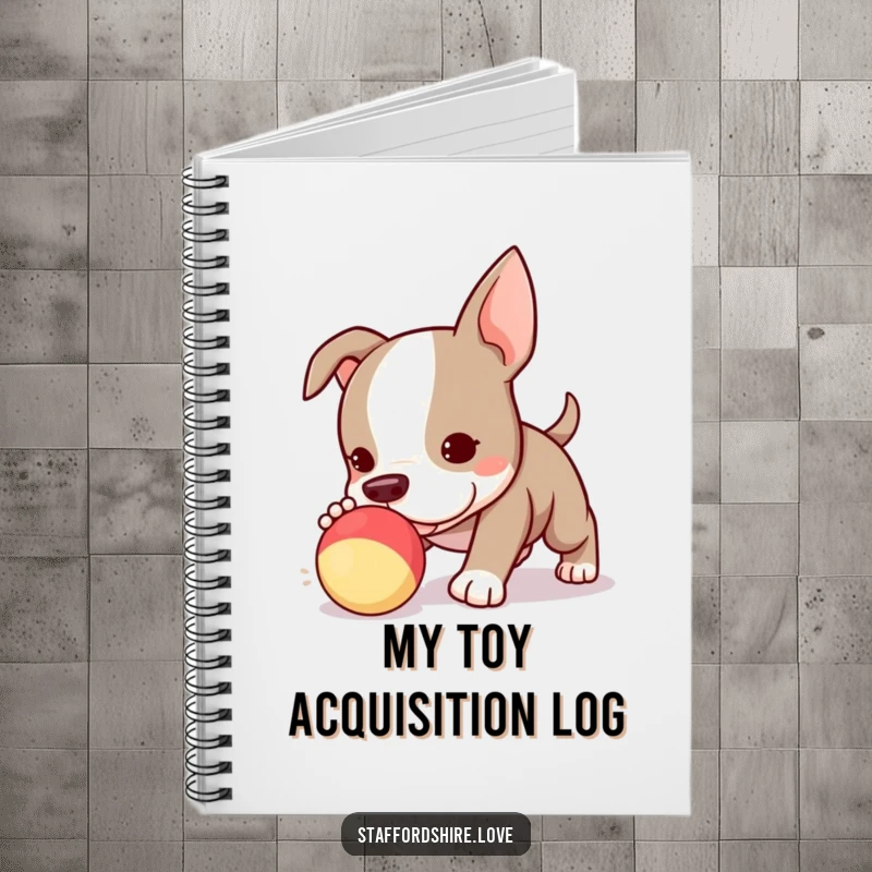 Funny Kawaii Staffordshire Bull Terrier puppy notebook, ready to play and chase toys, perfect for jotting down notes.