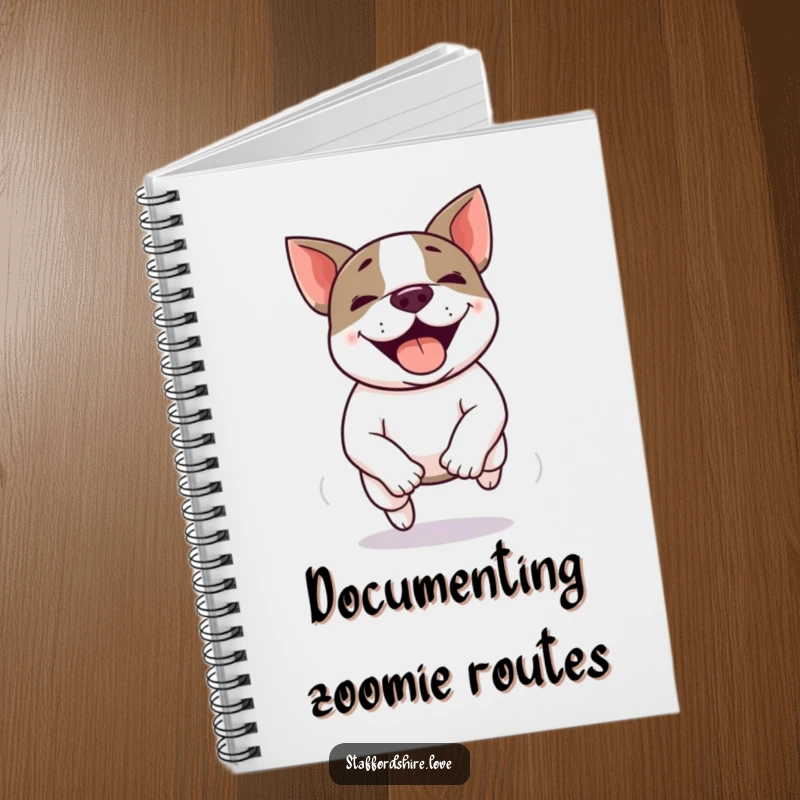 Funny Kawaii Staffordshire Bull Terrier notebook, mid-zoomie with joyful energy, perfect for jotting down fast-paced thoughts.