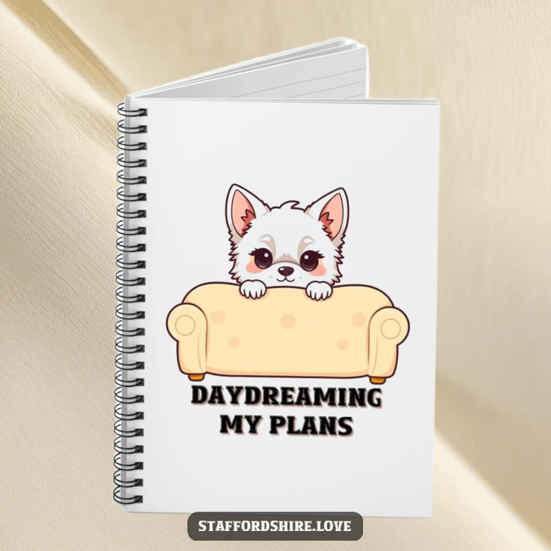 Funny Kawaii Staffordshire Notebook, showcasing a cute Staffy peeking over a couch, perfect for journaling and note-taking.