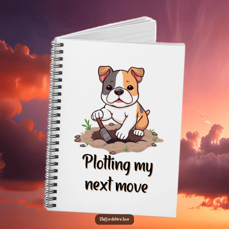 Funny kawaii Staffordshire Bull Terrier notebook with determined digging, perfect for focused note-taking and achievement journaling.