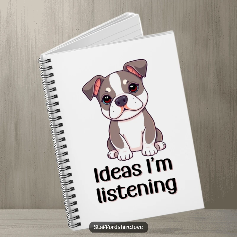 Funny kawaii Staffordshire Bull Terrier notebook with ears perked up, perfect for attentive note-taking and focused journaling.