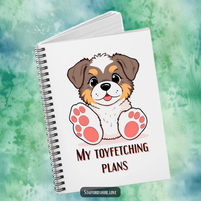 Funny kawaii Staffordshire notebook, featuring a pup with big paws reaching for a toy, perfect for journaling, notes, and playful scribbles.