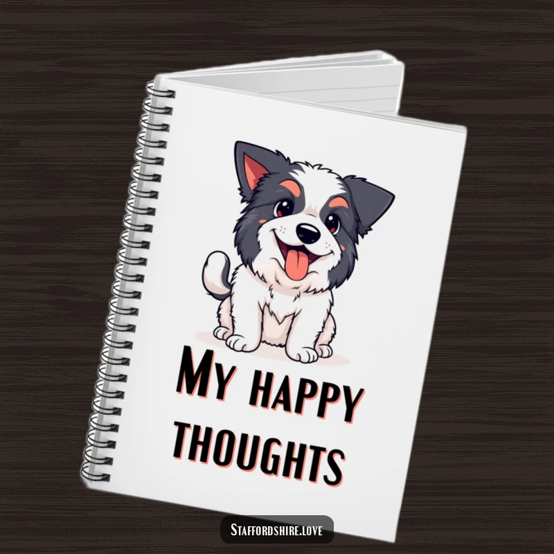 Funny kawaii Staffordshire notebook, featuring a happy dog panting with a wagging tail, perfect for journaling, notes, and happy scribbles.