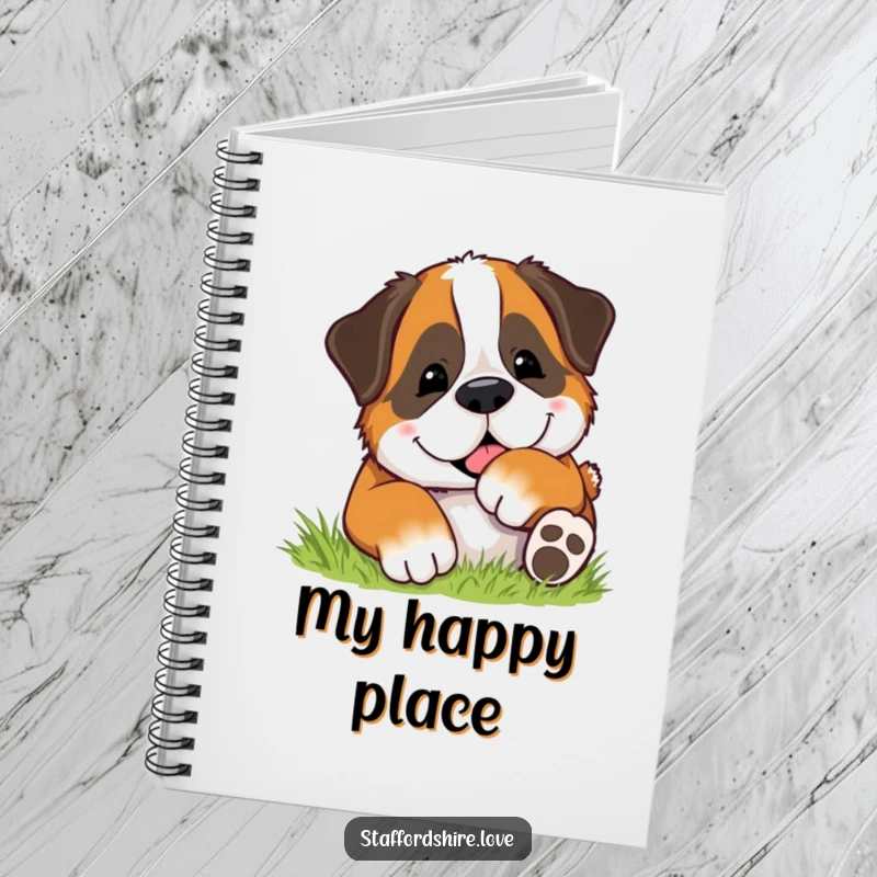 Funny notebook cover with a Saint Bernard dog rolling happily in soft grass, great for writing down joyful ideas.