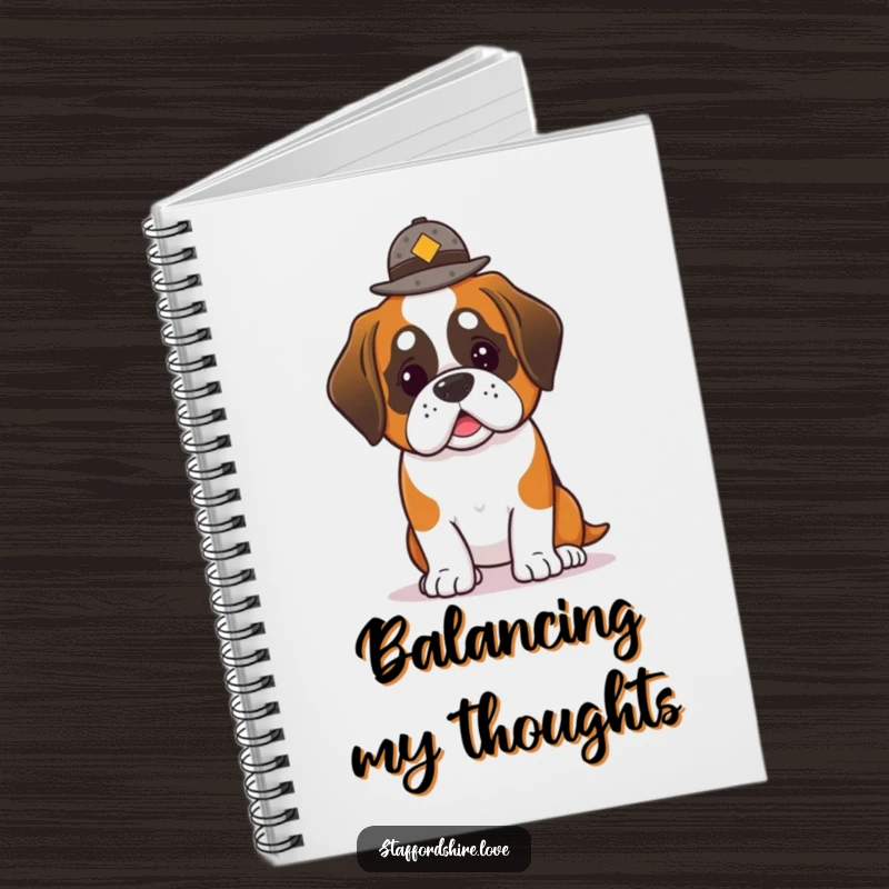 Funny Saint Bernard Notebook: Lined notebook with a kawaii Saint Bernard dog balancing a hat on the cover.