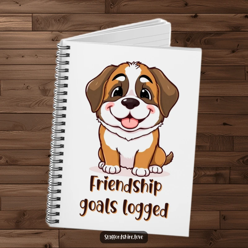 Funny Saint Bernard notebook featuring a dog nudging a friend with a warm, playful smile, ideal for jotting thoughts.