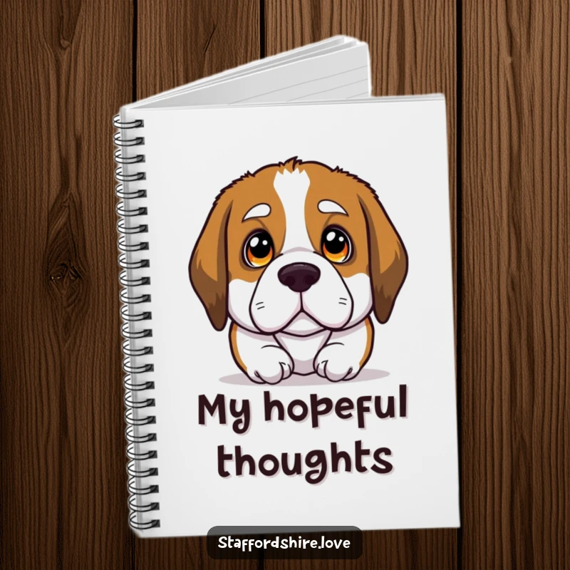 Funny notebook cover with a Saint Bernard dog's big, soulful eyes looking up, great for writing down heartfelt thoughts.