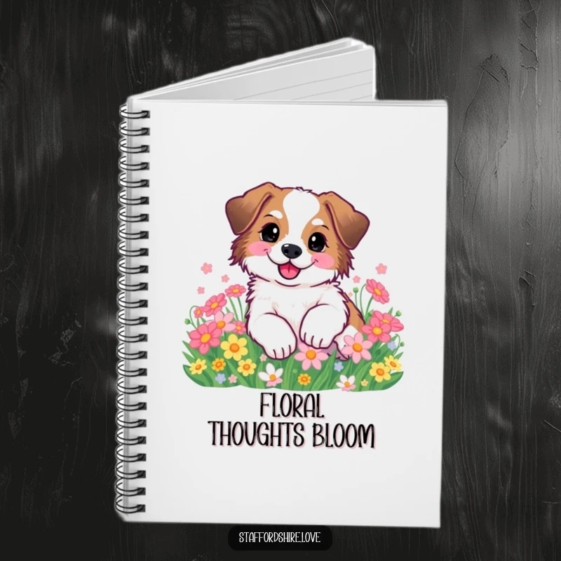 Funny Staffordshire dog happily rolling in flowers on a notebook. Perfect gift.