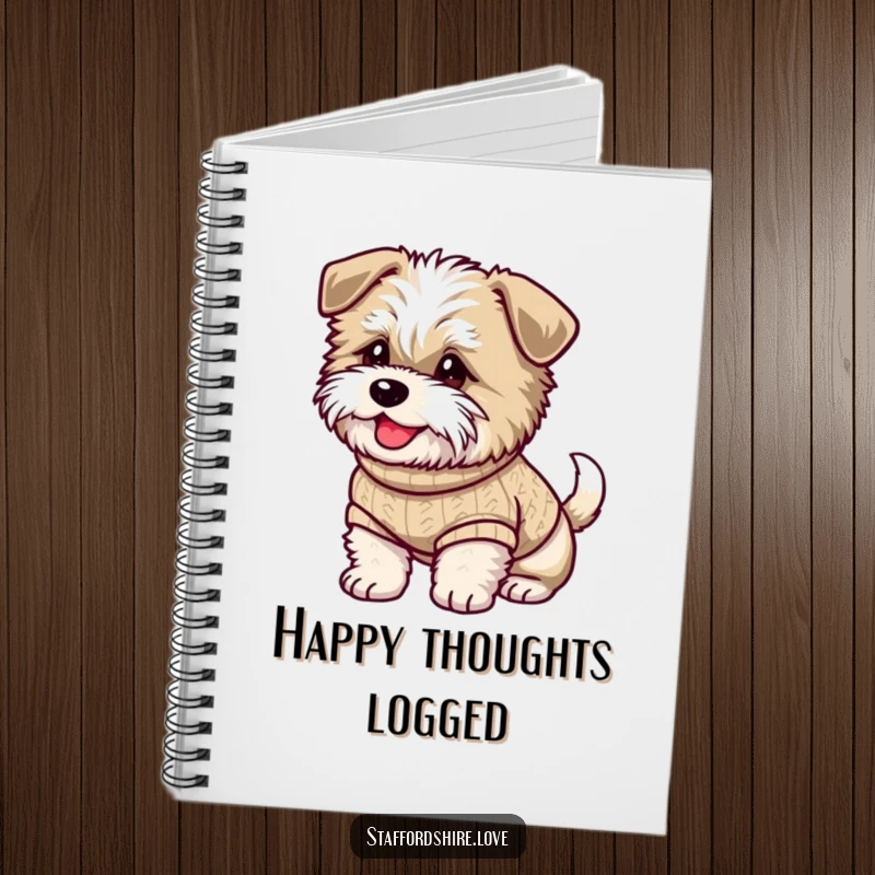 Funny notebook with a fluffy Staffordshire dog in a sweater, tail wagging, encouraging happy writing.