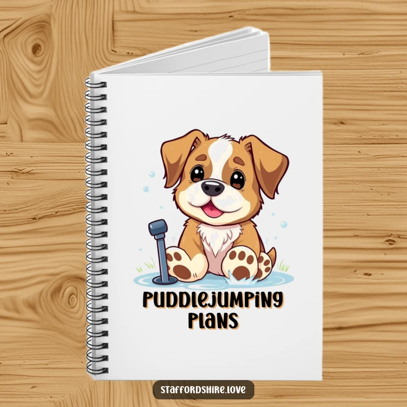 Funny Staffordshire dog with oversized paws playing in a sprinkler on a notebook. Perfect gift.