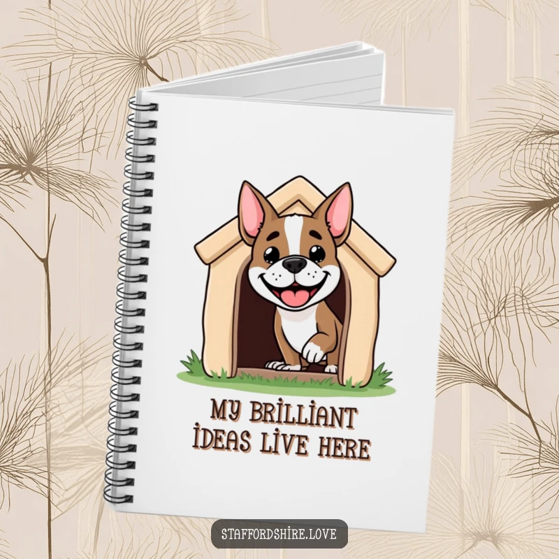 Funny Staffordshire dog notebook with a grinning dog's head peeking out of a doghouse, perfect for jotting down funny thoughts.