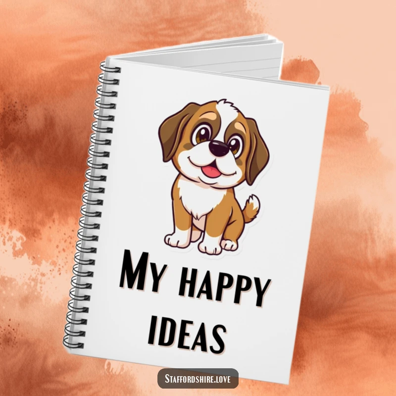 Funny Saint Bernard notebook cover with a dog's shining eyes and wagging tail, inspiring happy thoughts and canine enthusiasm.
