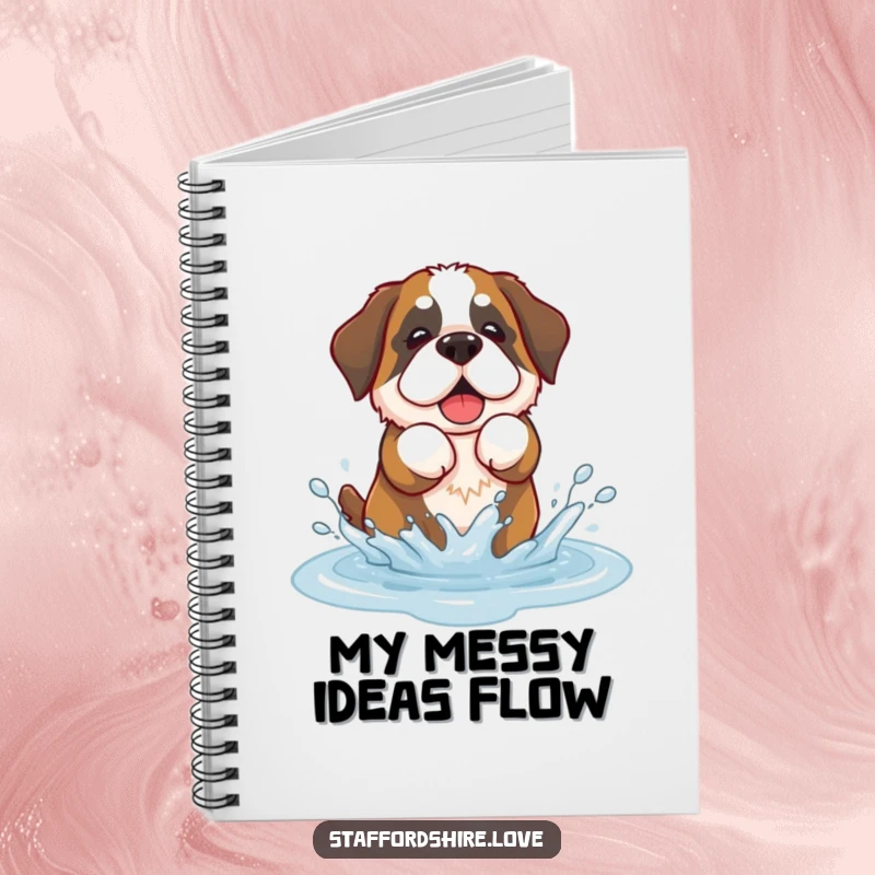 Funny notebook with a kawaii Saint Bernard dog playfully splashing in a puddle, great for notes.