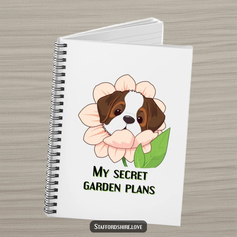Funny Saint Bernard notebook cover with the dog peeking from behind a giant flower, inspiring creative and playful thoughts.