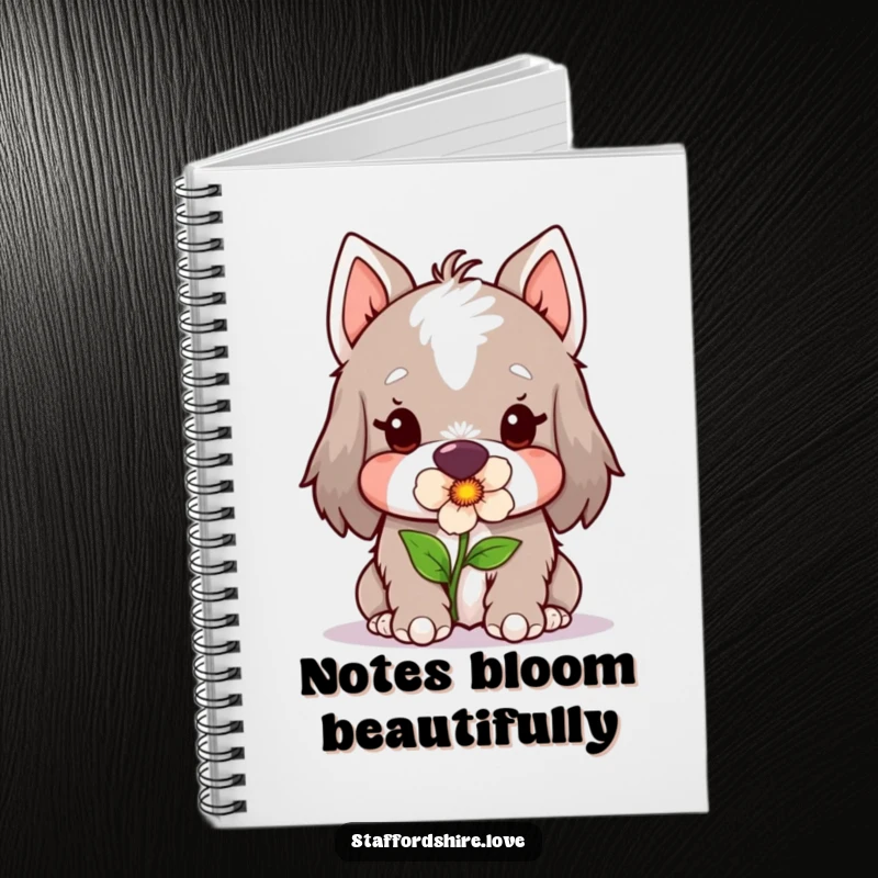 Funny Kawaii Staffordshire Notebook, showcasing a cute Staffy gently holding a flower in its mouth, perfect for journaling and note-taking.