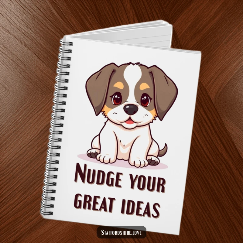 Funny kawaii Staffordshire puppy with floppy ears, playfully nudging on a notebook, for humorously jotting down notes.
