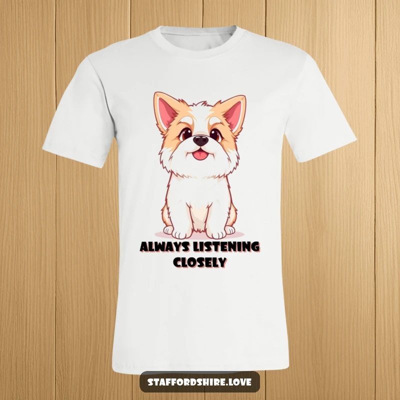 Funny Kawaii Staffordshire T-Shirt, depicting a cute Staffy with a head tilted curiously, ideal for dog lovers who adore their pets playful nature.
