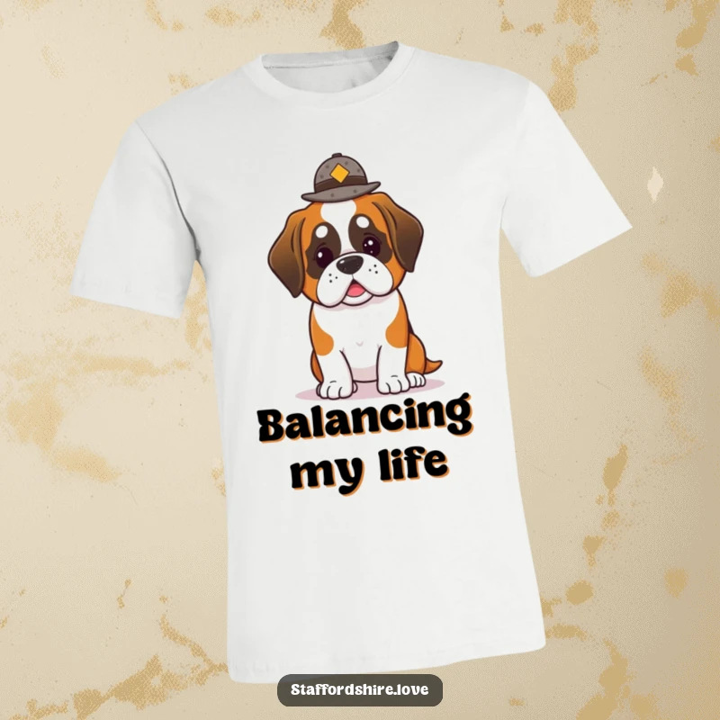 Funny Saint Bernard T-Shirt: Adorable kawaii Saint Bernard dog precariously balancing a small, charming hat.