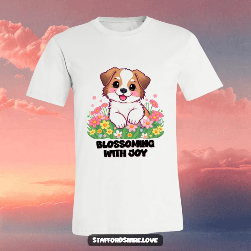 Funny Staffordshire dog happily rolling in flowers on a t-shirt. Ideal gift for dog lovers.