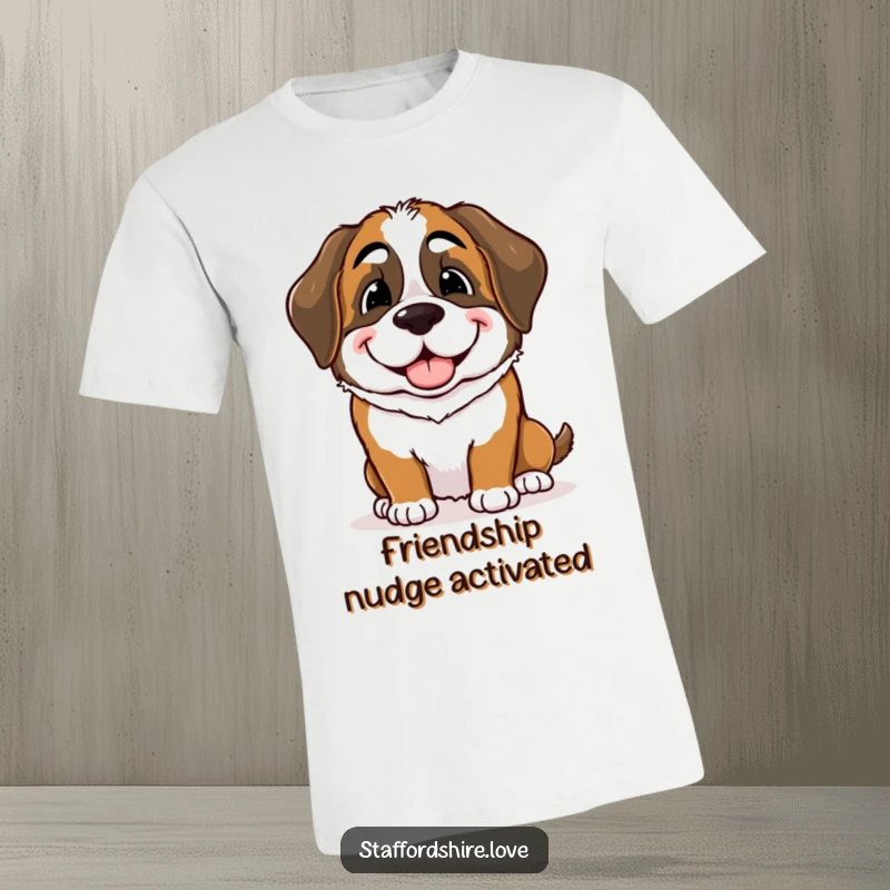 Funny Saint Bernard t-shirt featuring a dog gently nudging a companion with a sweet, playful smile, a symbol of friendship.