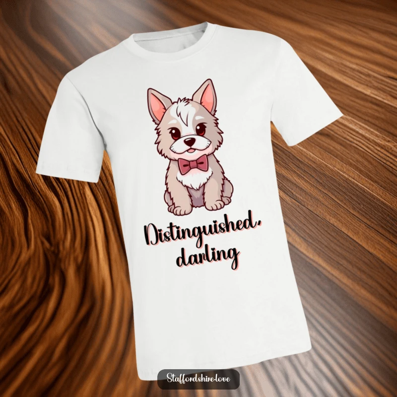 Funny Kawaii Staffordshire t-shirt showing a proud dog wearing a small bowtie, exuding dapper charm and playful elegance.