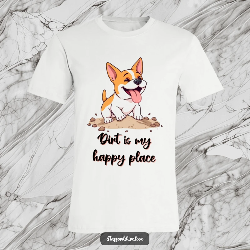 Funny, energetic Staffordshire dog with a happy pant, digging enthusiastically in soft earth on a comfortable t-shirt.