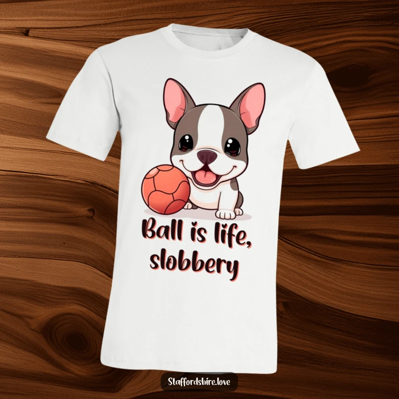 Funny Kawaii Staffordshire Bull Terrier t-shirt proudly presenting a slobbery ball with an eager and happy expression.