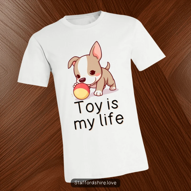 Funny Kawaii Staffordshire Bull Terrier puppy t-shirt, mid-chase with a squeaky toy, capturing energetic and happy doggy vibes.