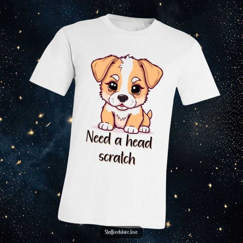 Funny kawaii Staffordshire puppy t-shirt, featuring a cute puppy with floppy ears playfully nudging, expressing pure, funny joy.