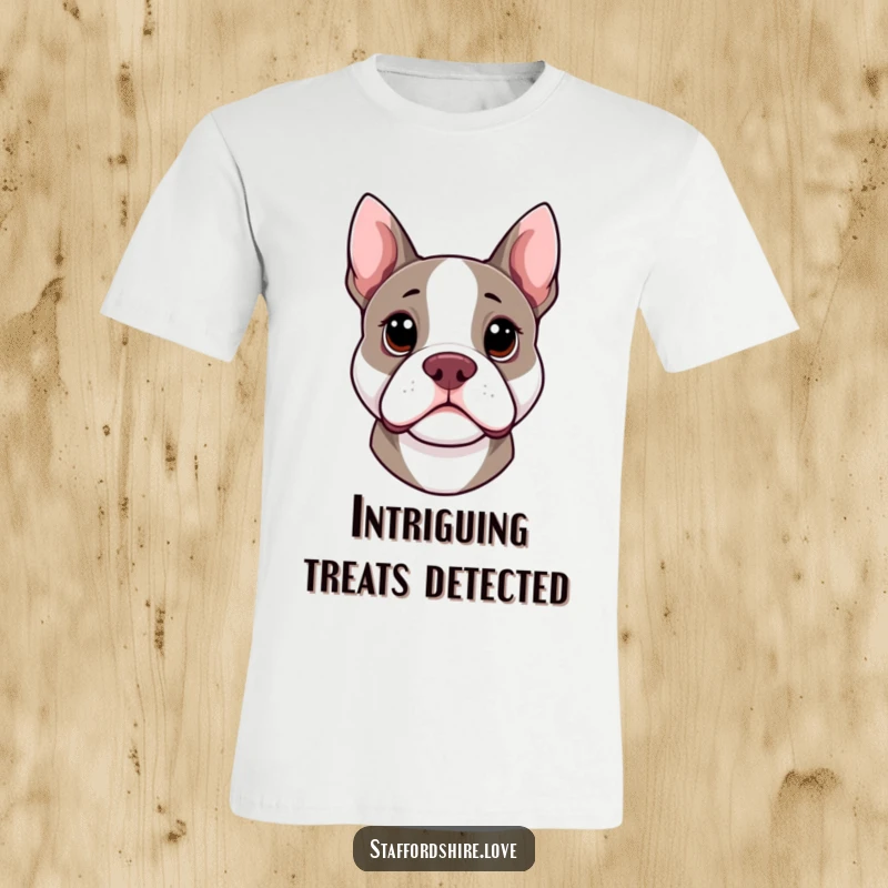 Funny kawaii Staffordshire Bull Terrier t-shirt with head cocked curiously, perfect for expressing a loving and inquisitive personality.