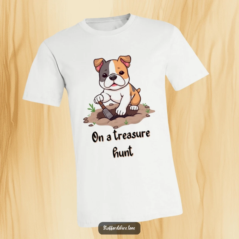 Funny kawaii Staffordshire Bull Terrier t-shirt with determined digging, perfect for expressing an energetic and focused personality.