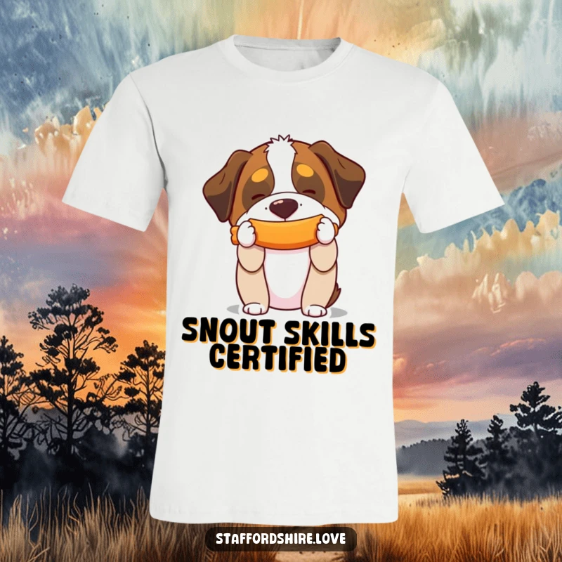 Funny t-shirt depicting a Saint Bernard with a squeaky toy perfectly balanced on its snout, highlighting impressive doggy skills.