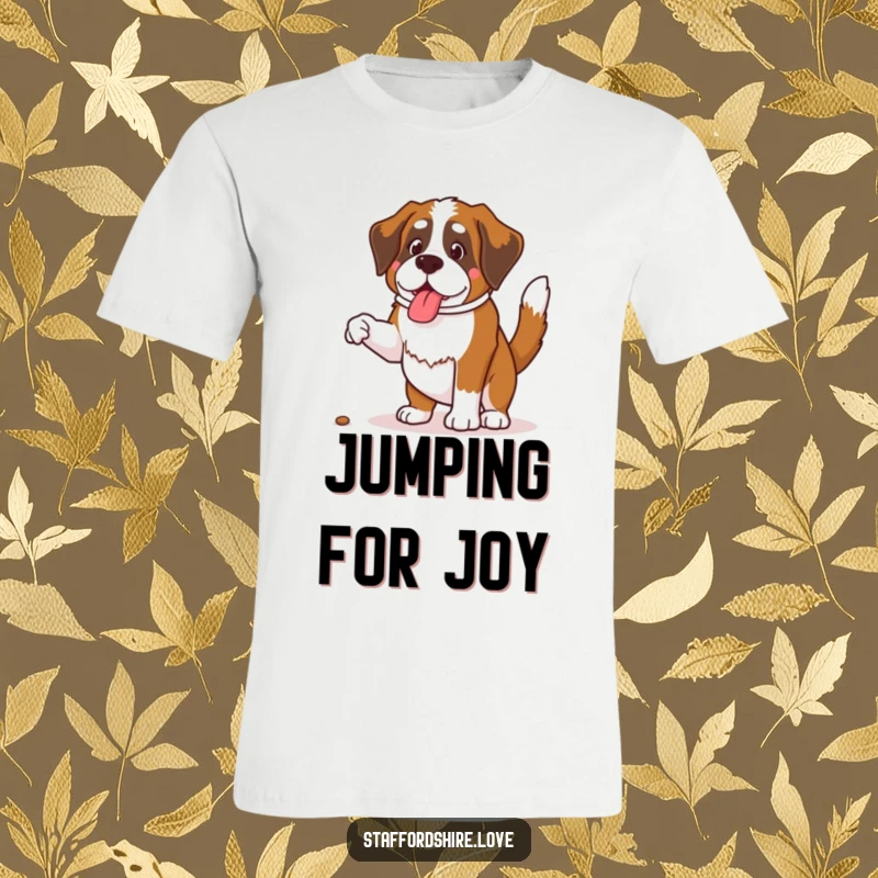 Funny Saint Bernard t-shirt graphic of a dog with a wagging tail jumping for a treat, full of excitement.