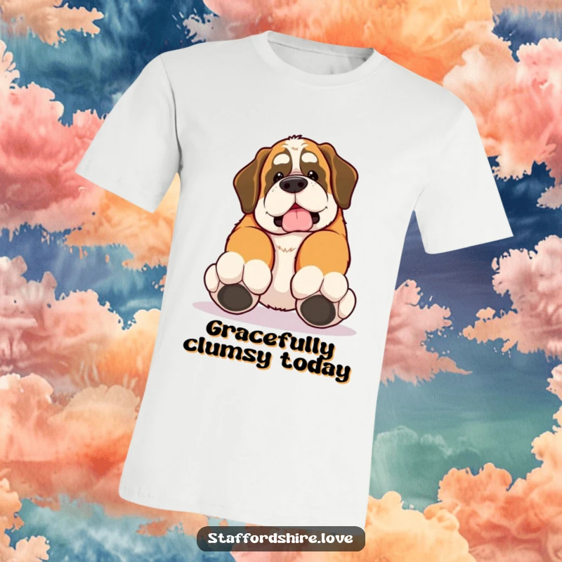 Funny t-shirt featuring a kawaii Saint Bernard tripping over its own large paws, a humorous depiction of a fumble.