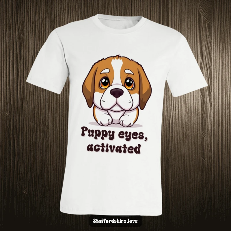 Funny t-shirt featuring a Saint Bernard dog with huge, soulful eyes gazing upwards, capturing a moment of pure, loving emotion.