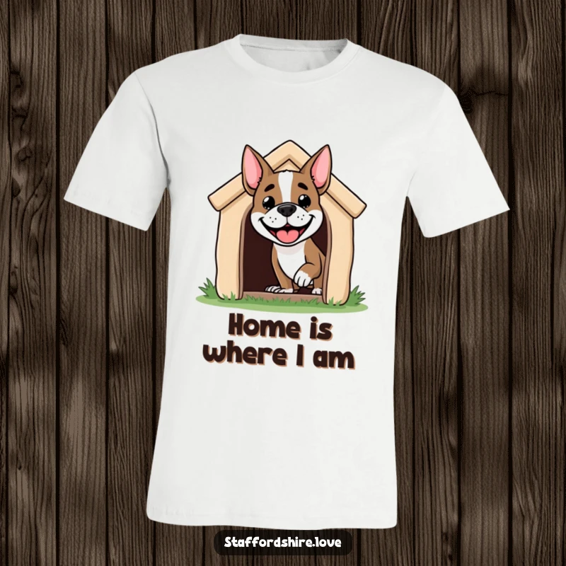 Funny Staffordshire dog t-shirt with a grinning dog joyfully sticking its head out of a doghouse, radiating happiness and mischief.