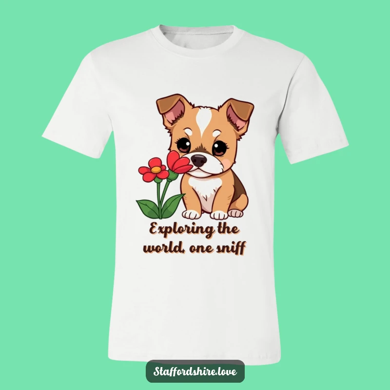 Funny Staffordshire Dog T-Shirt: Wide-Eyed Flower Sniffer, Whimsical & Funny Gift!